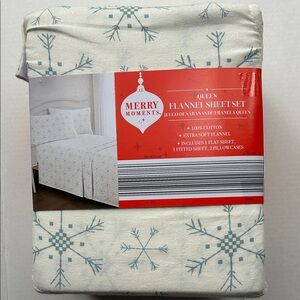 Merry Moments Snowflake Queen Flannel Sheet Set - Dusty Blue & white - NWT - $45